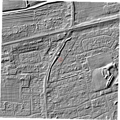 Shaded relief map of the ground around HU139HJ, computed from Environment Agency LiDAR. The ground here sits at about 3 m above sea level and falls 4 m across the surrounding 800 m. Surface water reaching this point runs off ground lying to the north-north-west, 1.7 m higher.