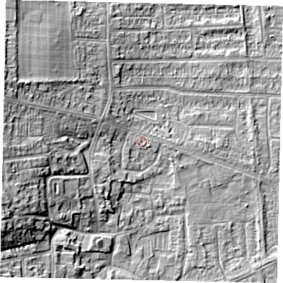 Shaded relief map of the ground around HU139HS, computed from Environment Agency LiDAR. The ground here sits at about 5 m above sea level and falls 13 m across the surrounding 800 m. The ground contributing surface water to this point lies to the north-west.