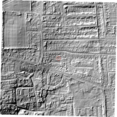 Shaded relief map of the ground around HU139HT, computed from Environment Agency LiDAR. The ground here sits at about 4 m above sea level and falls 13 m across the surrounding 800 m. Surface water reaching this point runs off ground lying to the west, 3.2 m higher.