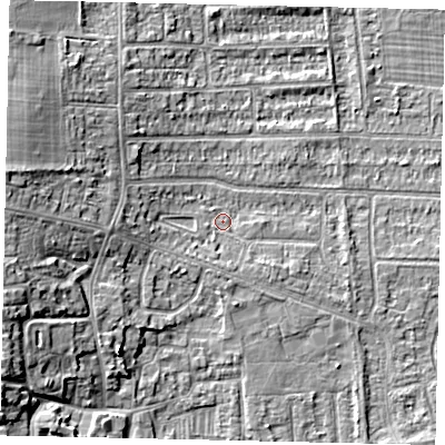 Shaded relief map of the ground around HU139HY, computed from Environment Agency LiDAR. The ground here sits at about 4 m above sea level and falls 11 m across the surrounding 800 m. Surface water reaching this point runs off ground lying to the west, 3.9 m higher.