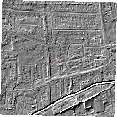 Shaded relief map of the ground around HU139JL, computed from Environment Agency LiDAR. The ground here sits at about 3 m above sea level and falls 7 m across the surrounding 800 m. Surface water reaching this point runs off ground lying to the west-north-west, 2.3 m higher.