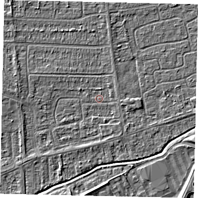 Shaded relief map of the ground around HU139JS, computed from Environment Agency LiDAR. The ground here sits at about 3 m above sea level and falls 7 m across the surrounding 800 m. Surface water reaching this point runs off ground lying to the west, 1.9 m higher.