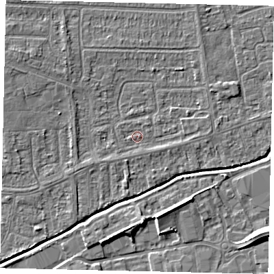 Shaded relief map of the ground around HU139JU, computed from Environment Agency LiDAR. The ground here sits at about 3 m above sea level and falls 9 m across the surrounding 800 m. Surface water reaching this point runs off ground lying to the north-west, 2.7 m higher.