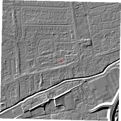 Shaded relief map of the ground around HU139JX, computed from Environment Agency LiDAR. The ground here sits at about 3 m above sea level and falls 11 m across the surrounding 800 m. Surface water reaching this point runs off ground lying to the east, 1.0 m higher.