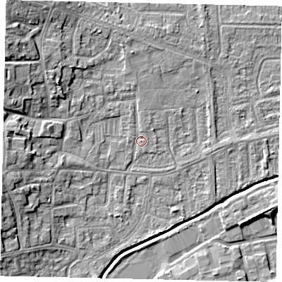 Shaded relief map of the ground around HU139JZ, computed from Environment Agency LiDAR. The ground here sits at about 4 m above sea level and falls 10 m across the surrounding 800 m. Surface water reaching this point runs off ground lying to the north-west, 7.5 m higher.