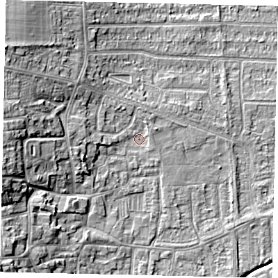 Shaded relief map of the ground around HU139LA, computed from Environment Agency LiDAR. The ground here sits at about 4 m above sea level and falls 12 m across the surrounding 800 m. Surface water reaching this point runs off ground lying to the west, 9.4 m higher.