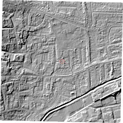 Shaded relief map of the ground around HU139LB, computed from Environment Agency LiDAR. The ground here sits at about 4 m above sea level and falls 9 m across the surrounding 800 m. Surface water reaching this point runs off ground lying to the north-north-east, 0.7 m higher.