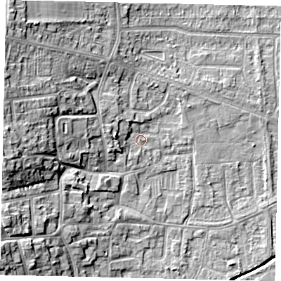 Shaded relief map of the ground around HU139LD, computed from Environment Agency LiDAR. The ground here sits at about 5 m above sea level and falls 15 m across the surrounding 800 m. Surface water reaching this point runs off ground lying to the west, 3.9 m higher.
