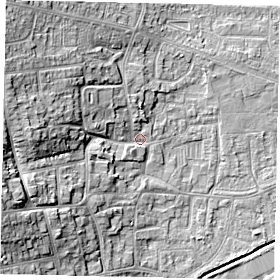 Shaded relief map of the ground around HU139LG, computed from Environment Agency LiDAR. The ground here sits at about 5 m above sea level and falls 17 m across the surrounding 800 m. Surface water reaching this point runs off ground lying to the west-north-west, 13.3 m higher.
