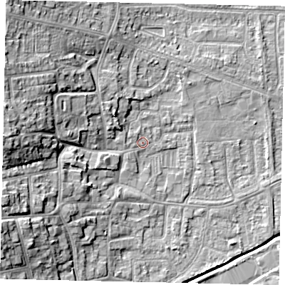 Shaded relief map of the ground around HU139LH, computed from Environment Agency LiDAR. The ground here sits at about 4 m above sea level and falls 15 m across the surrounding 800 m. Surface water reaching this point runs off ground lying to the west, 12.1 m higher.