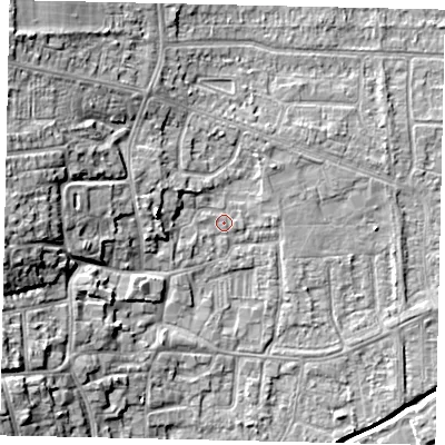 Shaded relief map of the ground around HU139LJ, computed from Environment Agency LiDAR. The ground here sits at about 4 m above sea level and falls 14 m across the surrounding 800 m. Surface water reaching this point runs off ground lying to the west, 4.2 m higher.