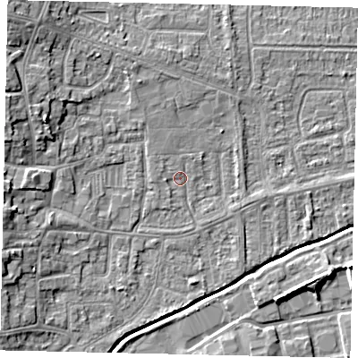 Shaded relief map of the ground around HU139LR, computed from Environment Agency LiDAR. The ground here sits at about 4 m above sea level and falls 8 m across the surrounding 800 m. Surface water reaching this point runs off ground lying to the west, 1.3 m higher.