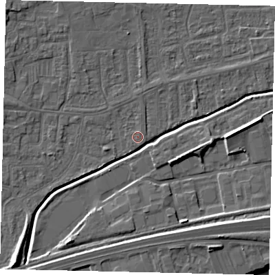 Shaded relief map of the ground around HU139LX, computed from Environment Agency LiDAR. The ground here sits at about 4 m above sea level and falls 10 m across the surrounding 800 m. The ground contributing surface water to this point lies to the north-north-east.