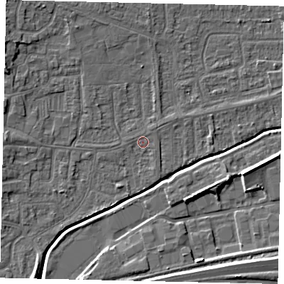 Shaded relief map of the ground around HU139LZ, computed from Environment Agency LiDAR. The ground here sits at about 4 m above sea level and falls 8 m across the surrounding 800 m. The ground contributing surface water to this point lies to the east-south-east.