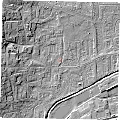 Shaded relief map of the ground around HU139NA, computed from Environment Agency LiDAR. The ground here sits at about 4 m above sea level and falls 11 m across the surrounding 800 m. Surface water reaching this point runs off ground lying to the north-west, 8.7 m higher.