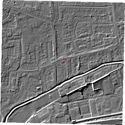 Shaded relief map of the ground around HU139NB, computed from Environment Agency LiDAR. The ground here sits at about 4 m above sea level and falls 7 m across the surrounding 800 m. Surface water reaching this point runs off ground lying to the north, 1.0 m higher.