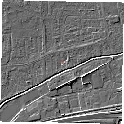 Shaded relief map of the ground around HU139NF, computed from Environment Agency LiDAR. The ground here sits at about 3 m above sea level and falls 8 m across the surrounding 800 m. Surface water reaching this point runs off ground lying to the east-north-east, 1.2 m higher.