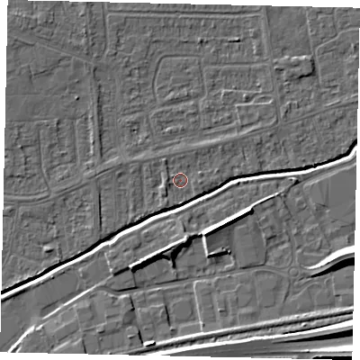 Shaded relief map of the ground around HU139NQ, computed from Environment Agency LiDAR. The ground here sits at about 3 m above sea level and falls 9 m across the surrounding 800 m. Surface water reaching this point runs off ground lying to the west, 1.2 m higher.