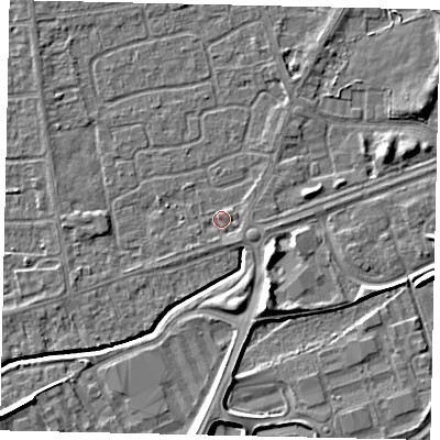 Shaded relief map of the ground around HU139NW, computed from Environment Agency LiDAR. The ground here sits at about 3 m above sea level and falls 7 m across the surrounding 800 m. Surface water reaching this point runs off ground lying to the south-east, 1.3 m higher.