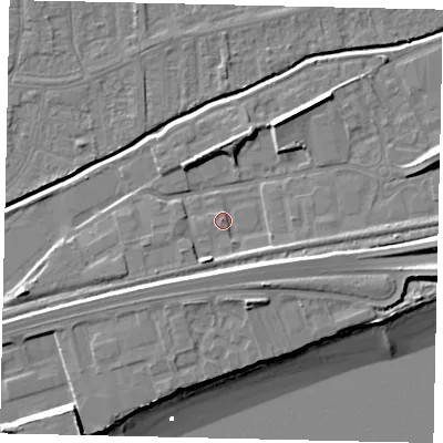 Shaded relief map of the ground around HU139PB, computed from Environment Agency LiDAR. The ground here sits at about 4 m above sea level and falls 14 m across the surrounding 800 m. Surface water reaching this point runs off ground lying to the east-north-east, 5.3 m higher.