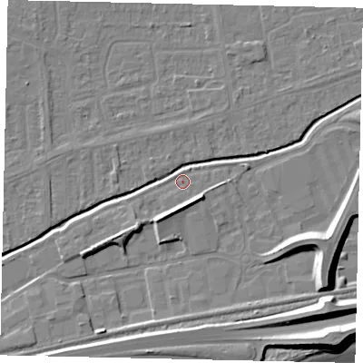 Shaded relief map of the ground around HU139QB, computed from Environment Agency LiDAR. The ground here sits at about 4 m above sea level and falls 12 m across the surrounding 800 m. Surface water reaching this point runs off ground lying to the south-east, 4.5 m higher.