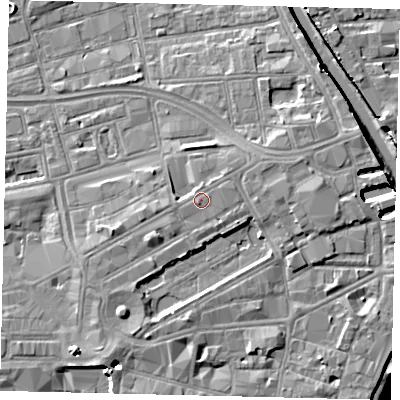 Shaded relief map of the ground around HU13AA, computed from Environment Agency LiDAR. The ground here sits at about 5 m above sea level and falls 8 m across the surrounding 800 m. The ground contributing surface water to this point lies to the east-north-east.