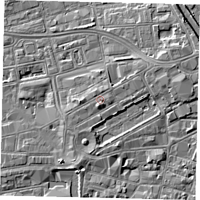 Shaded relief map of the ground around HU13AB, computed from Environment Agency LiDAR. The ground here sits at about 5 m above sea level and falls 8 m across the surrounding 800 m. Surface water reaching this point runs off ground lying to the north-west, 0.5 m higher.