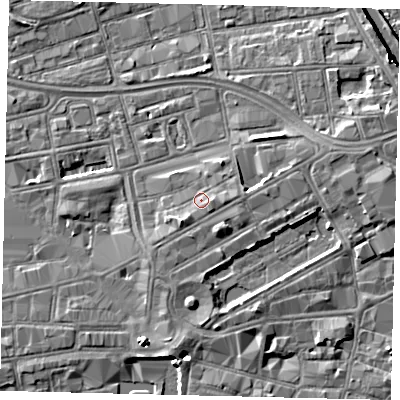 Shaded relief map of the ground around HU13AF, computed from Environment Agency LiDAR. The ground here sits at about 5 m above sea level and falls 8 m across the surrounding 800 m. Surface water reaching this point runs off ground lying to the east, 1.2 m higher.