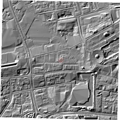 Shaded relief map of the ground around HU13AG, computed from Environment Agency LiDAR. The ground here sits at about 4 m above sea level and falls 5 m across the surrounding 800 m. Surface water reaching this point runs off ground lying to the east-north-east, 0.6 m higher.