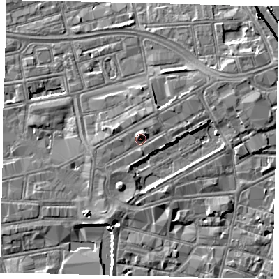 Shaded relief map of the ground around HU13AH, computed from Environment Agency LiDAR. The ground here sits at about 5 m above sea level and falls 8 m across the surrounding 800 m. Surface water reaching this point runs off ground lying to the north-north-west, 1.4 m higher.