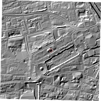 Shaded relief map of the ground around HU13AL, computed from Environment Agency LiDAR. The ground here sits at about 5 m above sea level and falls 8 m across the surrounding 800 m. Surface water reaching this point runs off ground lying to the north-north-west, 1.4 m higher.