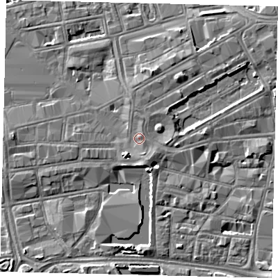 Shaded relief map of the ground around HU13AR, computed from Environment Agency LiDAR. The ground here sits at about 5 m above sea level and falls 5 m across the surrounding 800 m. Surface water reaching this point runs off ground lying to the south-south-east, 1.5 m higher.