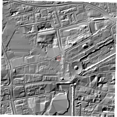 Shaded relief map of the ground around HU13AT, computed from Environment Agency LiDAR. The ground here sits at about 4 m above sea level and falls 5 m across the surrounding 800 m. Surface water reaching this point runs off ground lying to the east-north-east, 2.1 m higher.