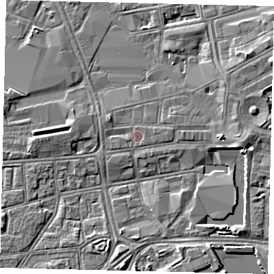 Shaded relief map of the ground around HU13AX, computed from Environment Agency LiDAR. The ground here sits at about 3 m above sea level and falls 5 m across the surrounding 800 m. The ground contributing surface water to this point lies to the east-south-east.