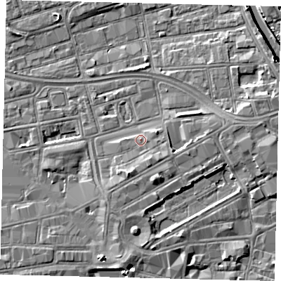 Shaded relief map of the ground around HU13BH, computed from Environment Agency LiDAR. The ground here sits at about 4 m above sea level and falls 8 m across the surrounding 800 m. Surface water reaching this point runs off ground lying to the east-north-east, 1.6 m higher.