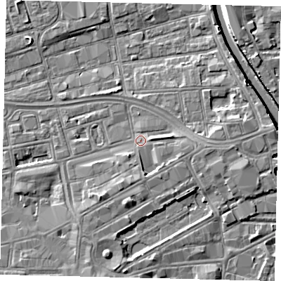 Shaded relief map of the ground around HU13BP, computed from Environment Agency LiDAR. The ground here sits at about 4 m above sea level and falls 7 m across the surrounding 800 m. Surface water reaching this point runs off ground lying to the south-south-west, 2.1 m higher.