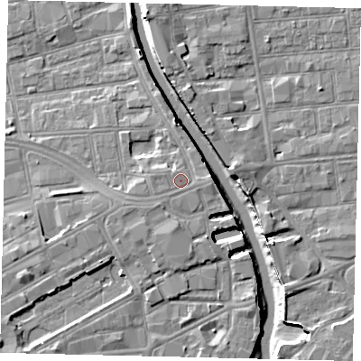 Shaded relief map of the ground around HU13BS, computed from Environment Agency LiDAR. The ground here sits at about 5 m above sea level and falls 8 m across the surrounding 800 m. Surface water reaching this point runs off ground lying to the north-west, 0.6 m higher.