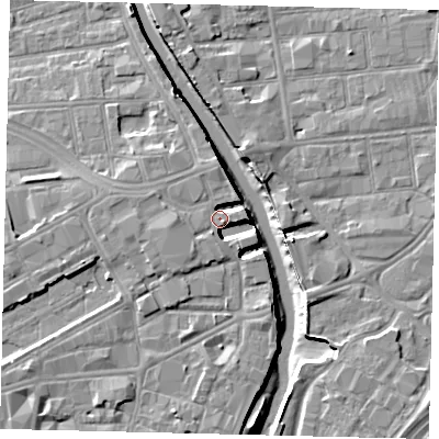 Shaded relief map of the ground around HU13DF, computed from Environment Agency LiDAR. The ground here sits at about 5 m above sea level and falls 9 m across the surrounding 800 m. Surface water reaching this point runs off ground lying to the west-south-west, 4.9 m higher.