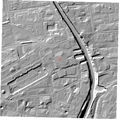 Shaded relief map of the ground around HU13DG, computed from Environment Agency LiDAR. The ground here sits at about 6 m above sea level and falls 8 m across the surrounding 800 m. Surface water reaching this point runs off ground lying to the north-north-east, 0.7 m higher.