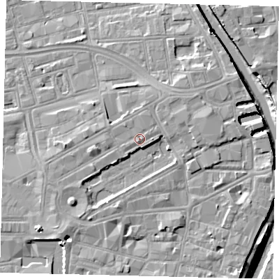 Shaded relief map of the ground around HU13DJ, computed from Environment Agency LiDAR. The ground here sits at about 5 m above sea level and falls 9 m across the surrounding 800 m. Surface water reaching this point runs off ground lying to the south-south-west, 2.4 m higher.