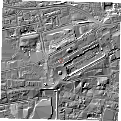 Shaded relief map of the ground around HU13DL, computed from Environment Agency LiDAR. The ground here sits at about 5 m above sea level and falls 5 m across the surrounding 800 m. Surface water reaching this point runs off ground lying to the north-east, 1.4 m higher.