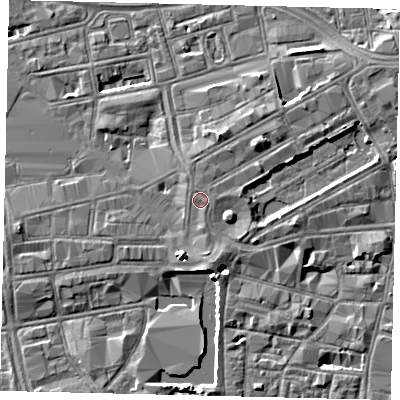 Shaded relief map of the ground around HU13DP, computed from Environment Agency LiDAR. The ground here sits at about 5 m above sea level and falls 5 m across the surrounding 800 m. Surface water reaching this point runs off ground lying to the north-east, 1.4 m higher.