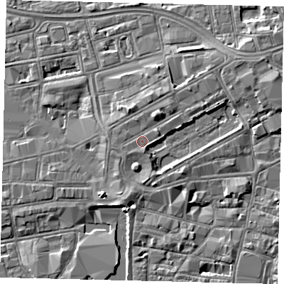 Shaded relief map of the ground around HU13DR, computed from Environment Agency LiDAR. The ground here sits at about 5 m above sea level and falls 5 m across the surrounding 800 m. Surface water reaching this point runs off ground lying to the south-east, 2.4 m higher.