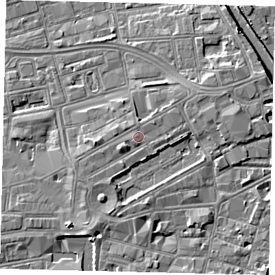 Shaded relief map of the ground around HU13DT, computed from Environment Agency LiDAR. The ground here sits at about 5 m above sea level and falls 8 m across the surrounding 800 m. Surface water reaching this point runs off ground lying to the south-west, 0.9 m higher.