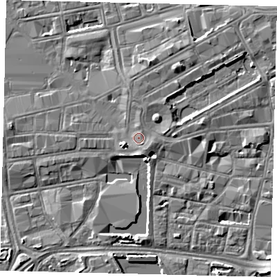 Shaded relief map of the ground around HU13DX, computed from Environment Agency LiDAR. The ground here sits at about 5 m above sea level and falls 5 m across the surrounding 800 m. Surface water reaching this point runs off ground lying to the south-south-east, 0.9 m higher.