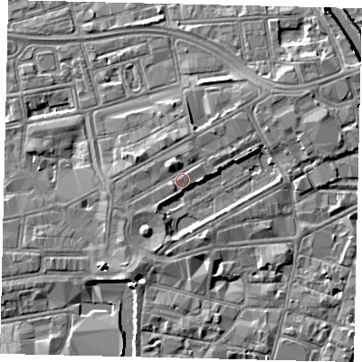 Shaded relief map of the ground around HU13DZ, computed from Environment Agency LiDAR. The ground here sits at about 5 m above sea level and falls 8 m across the surrounding 800 m. Surface water reaching this point runs off ground lying to the south-south-east, 2.4 m higher.