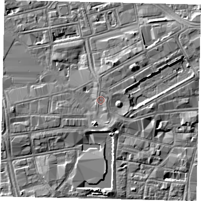 Shaded relief map of the ground around HU13EA, computed from Environment Agency LiDAR. The ground here sits at about 4 m above sea level and falls 5 m across the surrounding 800 m. Surface water reaching this point runs off ground lying to the south-south-east, 1.4 m higher.