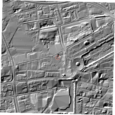 Shaded relief map of the ground around HU13EE, computed from Environment Agency LiDAR. The ground here sits at about 4 m above sea level and falls 5 m across the surrounding 800 m. Surface water reaching this point runs off ground lying to the east-north-east, 2.2 m higher.