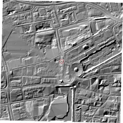 Shaded relief map of the ground around HU13EF, computed from Environment Agency LiDAR. The ground here sits at about 4 m above sea level and falls 5 m across the surrounding 800 m. Surface water reaching this point runs off ground lying to the east-north-east, 1.4 m higher.