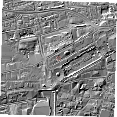 Shaded relief map of the ground around HU13EJ, computed from Environment Agency LiDAR. The ground here sits at about 5 m above sea level and falls 5 m across the surrounding 800 m. Surface water reaching this point runs off ground lying to the north-east, 1.4 m higher.